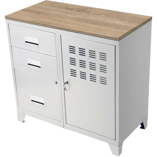 excellente qualité PIERRE HENRY Meuble Bureau Métal 1 Porte 3 Tiroirs Blanc Mat. 1