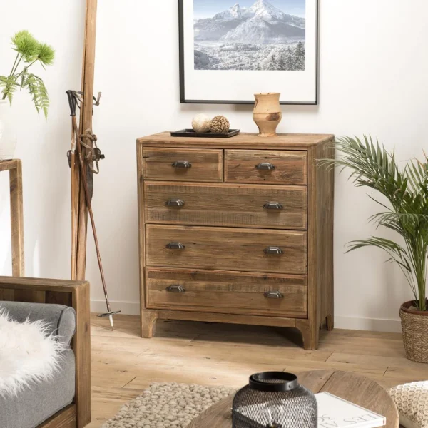 MACABANE Meuble Chiffonnier ANDRIAN 5 Tiroirs Bois Pin Recyclé vente pas cher 11