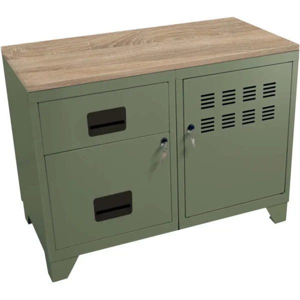 PIERRE HENRY Meuble Rangement Métal 1 Porte 2 Tiroirs Kaki. vente en ligne 1