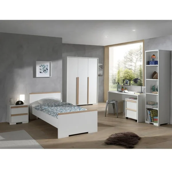 qualité d’originales Altobuy NASH WHITE – Lit 90x200cm + Chevet + Armoire 3P + Pack Bureau 1