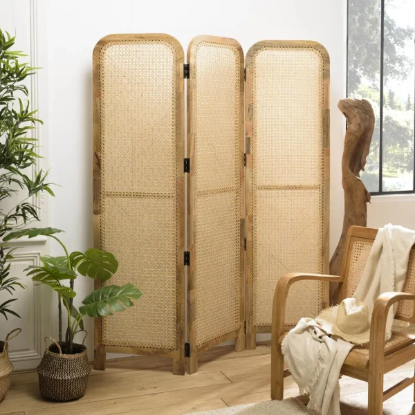 grossiste MACABANE Paravent Marron Bois De Manguier Et Cannage Couleur Naturelle ISA 4
