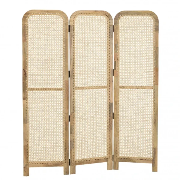 grossiste MACABANE Paravent Marron Bois De Manguier Et Cannage Couleur Naturelle ISA 7
