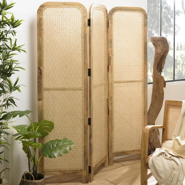 grossiste MACABANE Paravent Marron Bois De Manguier Et Cannage Couleur Naturelle ISA 8