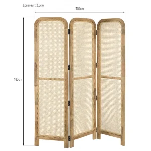 grossiste MACABANE Paravent Marron Bois De Manguier Et Cannage Couleur Naturelle ISA 12