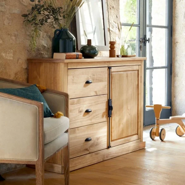 Zandiara Rangement 1 Porte 3 Tiroirs EDISON Pin Massif guranteed de qualité 3