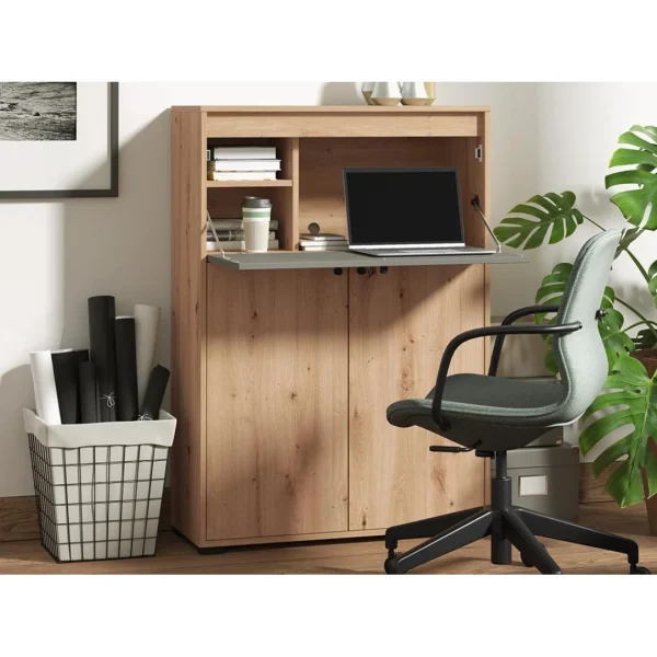 Nouvelle tendance Vente-unique Secrétaire 2 Portes – Coloris : Naturel Et Gris – IDONAR 3