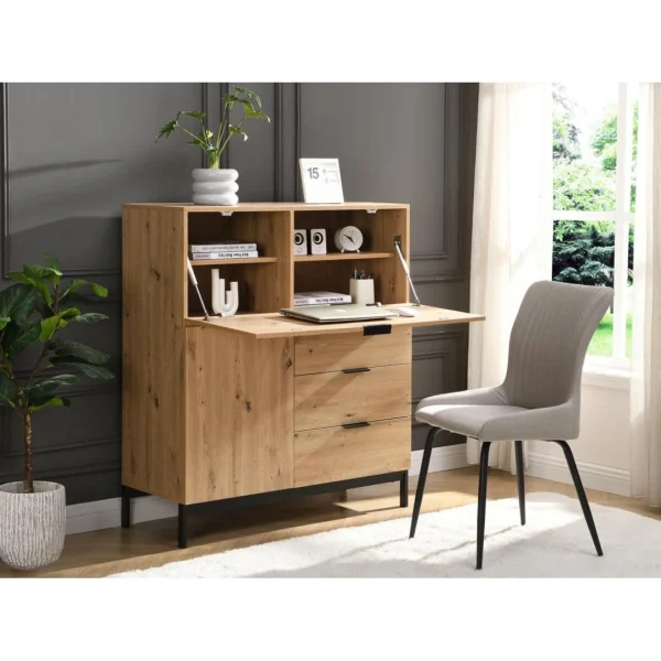 soldes officiel Vente-unique Secrétaire Avec 2 Porte Et 3 Tiroirs – MDF Et Métal – Coloris : Natu… 1