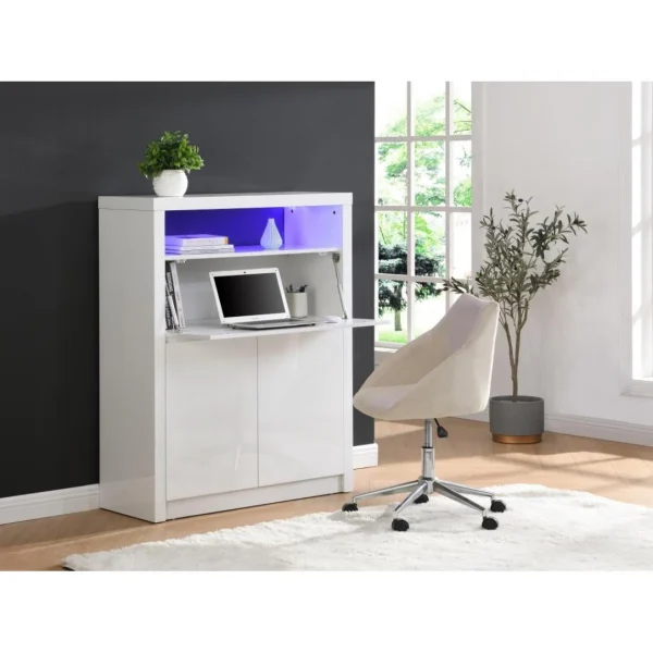 à prix très bas Vente-unique Secrétaire Avec 2 Portes – Avec LEDs – MDF – Blanc Lacqué – MELIONA 1