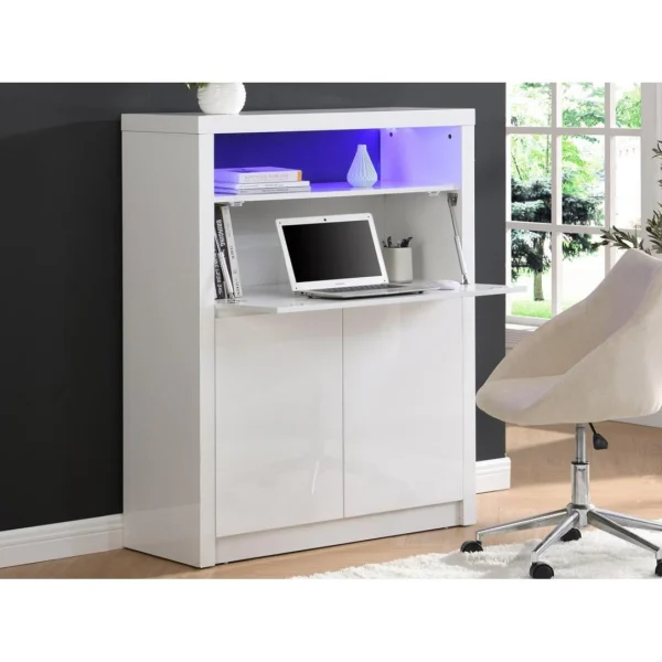 à prix très bas Vente-unique Secrétaire Avec 2 Portes – Avec LEDs – MDF – Blanc Lacqué – MELIONA 3