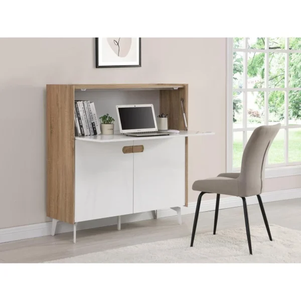 Vente-unique Secrétaire Avec 3 Portes – MDF Et Métal – Coloris : Naturel Et Blanc… en vente 1