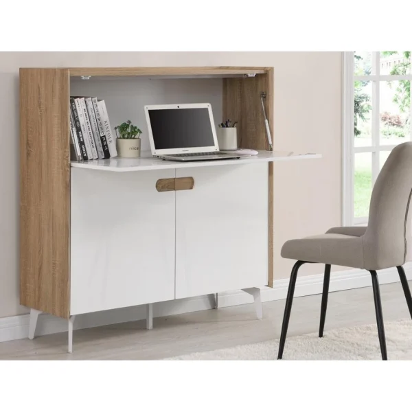 Vente-unique Secrétaire Avec 3 Portes – MDF Et Métal – Coloris : Naturel Et Blanc… en vente 3