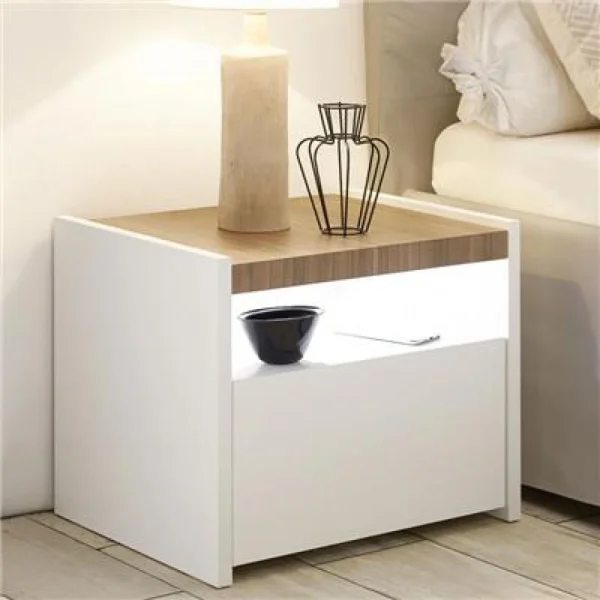 NOUVOMEUBLE Table De Chevet LED Blanc Et Couleur Bois DEBORAH (lot De 2) mode pas cher 1