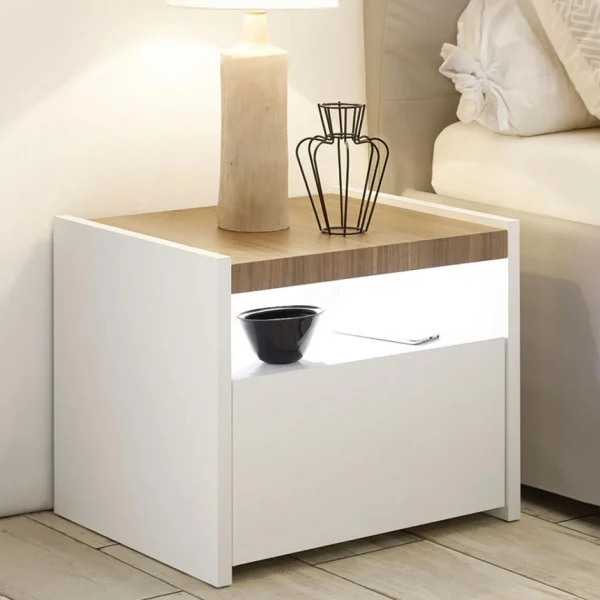 NOUVOMEUBLE Table De Chevet LED Blanc Et Couleur Bois DEBORAH (lot De 2) mode pas cher 3
