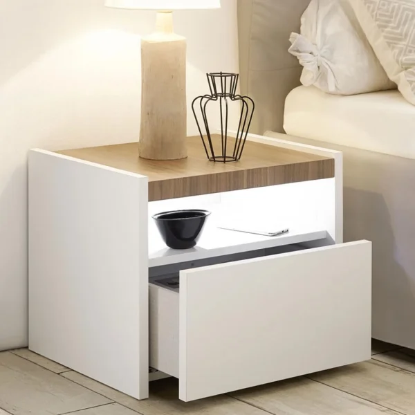 NOUVOMEUBLE Table De Chevet LED Blanc Et Couleur Bois DEBORAH (lot De 2) mode pas cher 4