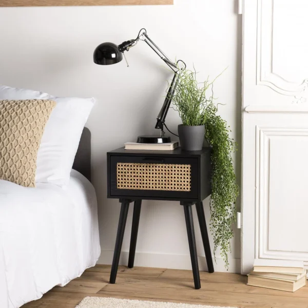 MACABANE Table De Chevet Noir 1 Tiroir Cannage – MIGUEL pas cher en ligne 5