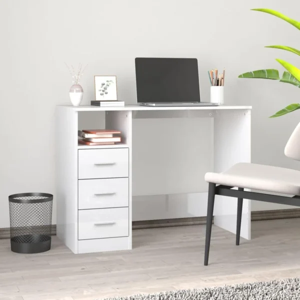 VidaXL Bureau Et Tiroirs Blanc Brillant 102x50x76 Cm Bois D’ingénieri… luxe soldes 1