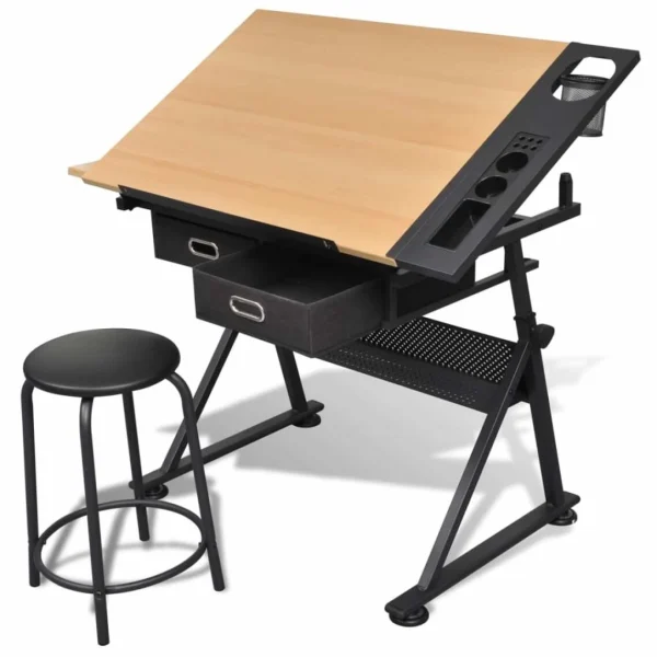 Dernières Nouveautés VidaXL Table à Dessin Inclinable 2 Tiroirs Et Tabouret 1