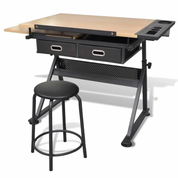 Dernières Nouveautés VidaXL Table à Dessin Inclinable 2 Tiroirs Et Tabouret 3